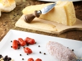 Spicy sausages, bread and cheese